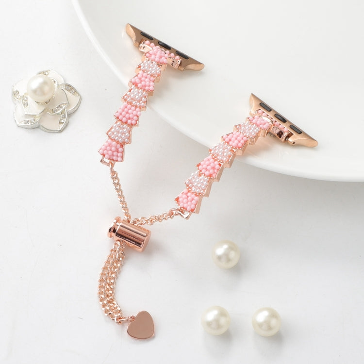 For Apple Watch SE 2023 40mm Shell Beads Chain Bracelet Metal Watch Band(Pink White Rose Gold) - Watch Bands by PMC Jewellery | Online Shopping South Africa | PMC Jewellery