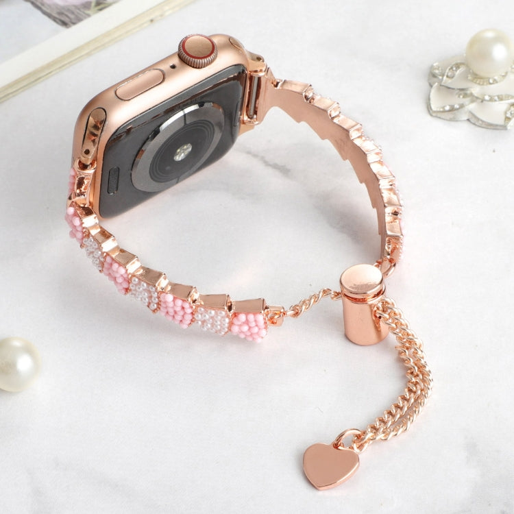 For Apple Watch SE 2023 40mm Shell Beads Chain Bracelet Metal Watch Band(Pink White Rose Gold) - Watch Bands by PMC Jewellery | Online Shopping South Africa | PMC Jewellery