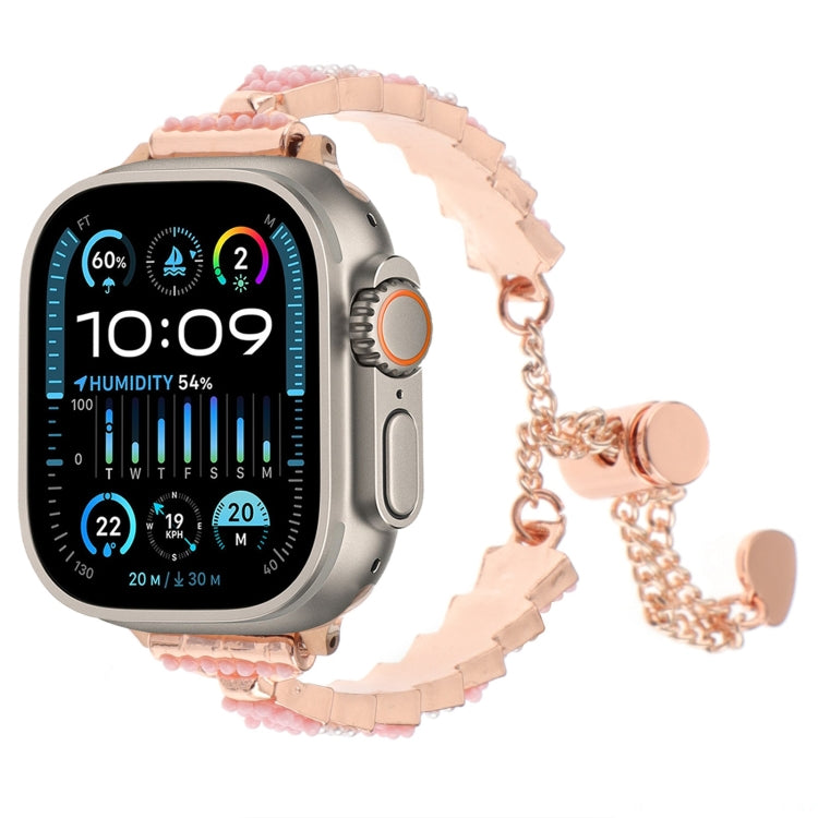 For Apple Watch Ultra 2 49mm Shell Beads Chain Bracelet Metal Watch Band(Pink White Rose Gold) - Watch Bands by PMC TechLife | Online Shopping South Africa | PMC TechLife
