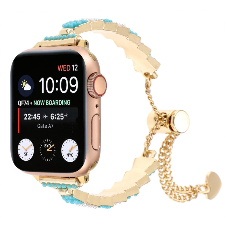 For Apple Watch Series 9 45mm Shell Beads Chain Bracelet Metal Watch Band(Blue White Gold) - Watch Bands by PMC TechLife | Online Shopping South Africa | PMC TechLife