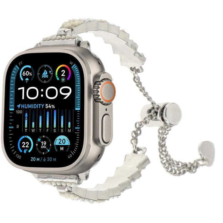 For Apple Watch Ultra 49mm Shell Beads Chain Bracelet Metal Watch Band(Beige White Silver) - Watch Bands by PMC TechLife | Online Shopping South Africa | PMC TechLife