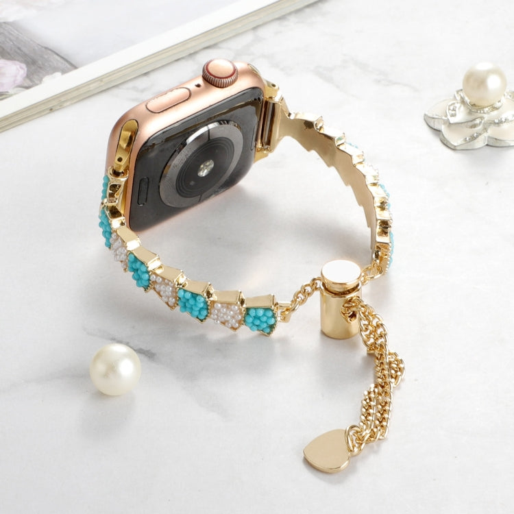 For Apple Watch Series 6 44mm Shell Beads Chain Bracelet Metal Watch Band(Blue White Gold) - Watch Bands by PMC TechLife | Online Shopping South Africa | PMC TechLife