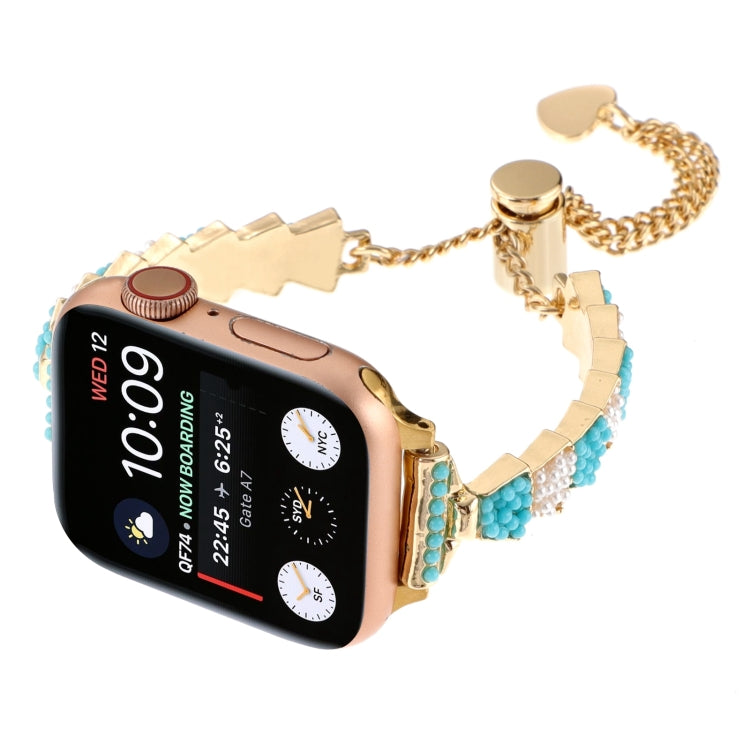 For Apple Watch Series 5 44mm Shell Beads Chain Bracelet Metal Watch Band(Blue White Gold) - free shipping - PMC TechLife - Order now!