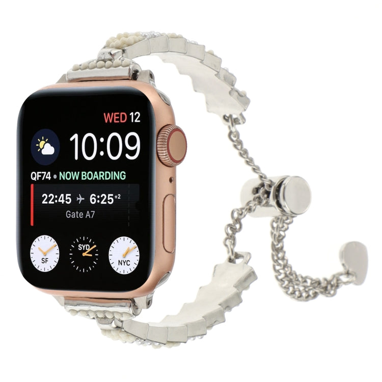 For Apple Watch Series 5 44mm Shell Beads Chain Bracelet Metal Watch Band(Beige White Silver) - Watch Bands by PMC TechLife | Online Shopping South Africa | PMC TechLife