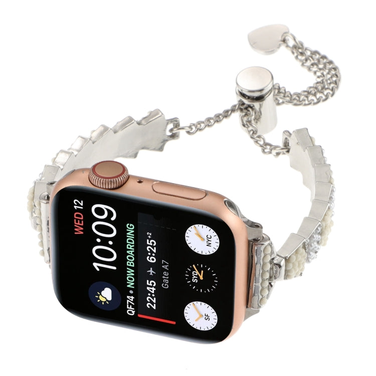 For Apple Watch Series 3 42mm Shell Beads Chain Bracelet Metal Watch Band(Beige White Silver) - Watch Bands by PMC Jewellery | Online Shopping South Africa | PMC Jewellery