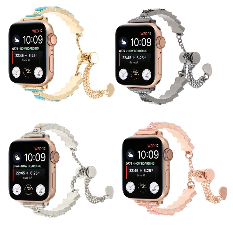 For Apple Watch Series 8 45mm Shell Beads Chain Bracelet Metal Watch Band(Beige White Silver) - Watch Bands by PMC TechLife | Online Shopping South Africa | PMC TechLife