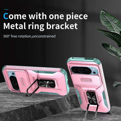 For Google Pixel 9 / Pixel 9 Pro Sliding Camshield Holder Phone Case(Pink + Grey Green) - Google Cases by PMC Jewellery | Online Shopping South Africa | PMC Jewellery | Buy Now Pay Later Mobicred