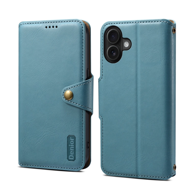 For iPhone 16 Plus Denior Cowhide Texture Wallet Style Leather Phone Case(Blue) - iPhone 16 Plus Cases by Denior | Online Shopping South Africa | PMC Jewellery | Buy Now Pay Later Mobicred