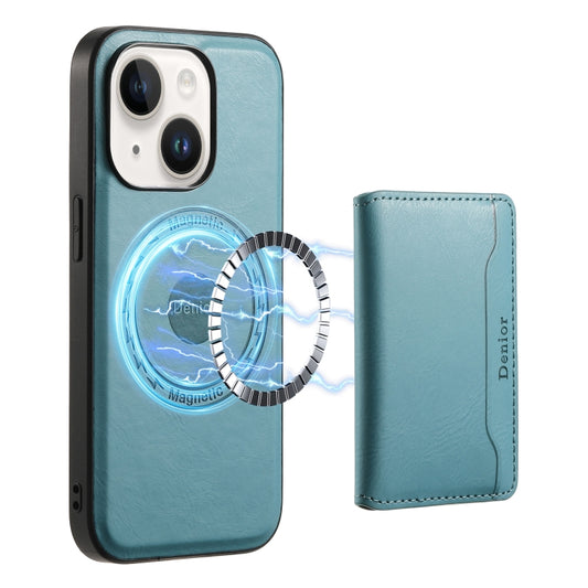 For iPhone 14 Plus Denior Cowhide Texture Leather MagSafe Detachable Wallet Phone Case(Blue) - iPhone 14 Plus Cases by Denior | Online Shopping South Africa | PMC Jewellery | Buy Now Pay Later Mobicred