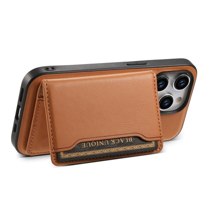 For iPhone 14 Denior Cowhide Texture Leather MagSafe Detachable Wallet Phone Case(Khaki) - iPhone 14 Cases by Denior | Online Shopping South Africa | PMC Jewellery | Buy Now Pay Later Mobicred