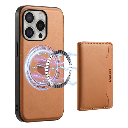 For iPhone 16 Pro Denior Cowhide Texture Leather MagSafe Detachable Wallet Phone Case(Khaki) - iPhone 16 Pro Cases by Denior | Online Shopping South Africa | PMC Jewellery | Buy Now Pay Later Mobicred