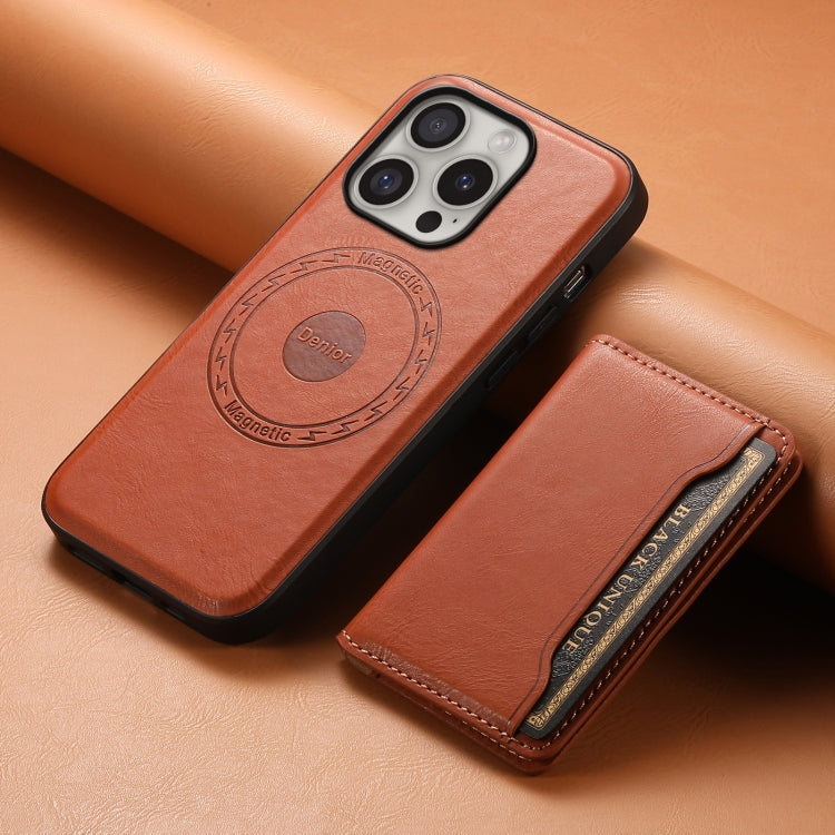 For iPhone 16 Pro Denior Cowhide Texture Leather MagSafe Detachable Wallet Phone Case(Brown) - iPhone 16 Pro Cases by Denior | Online Shopping South Africa | PMC Jewellery | Buy Now Pay Later Mobicred