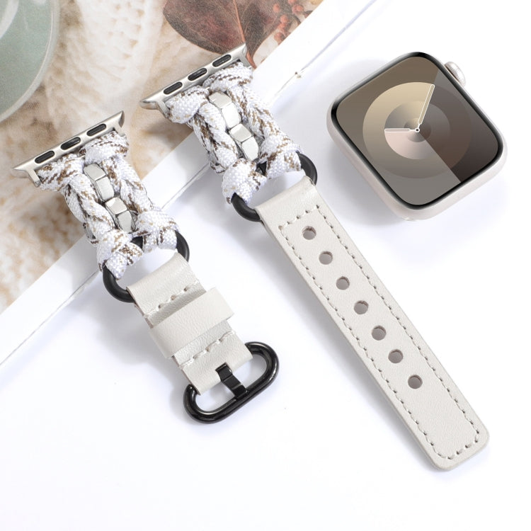 For Apple Watch SE 2023 44mm Paracord Genuine Leather Watch Band(White Khaki) - Watch Bands by PMC TechLife | Online Shopping South Africa | PMC TechLife | Buy Now Pay Later Mobicred