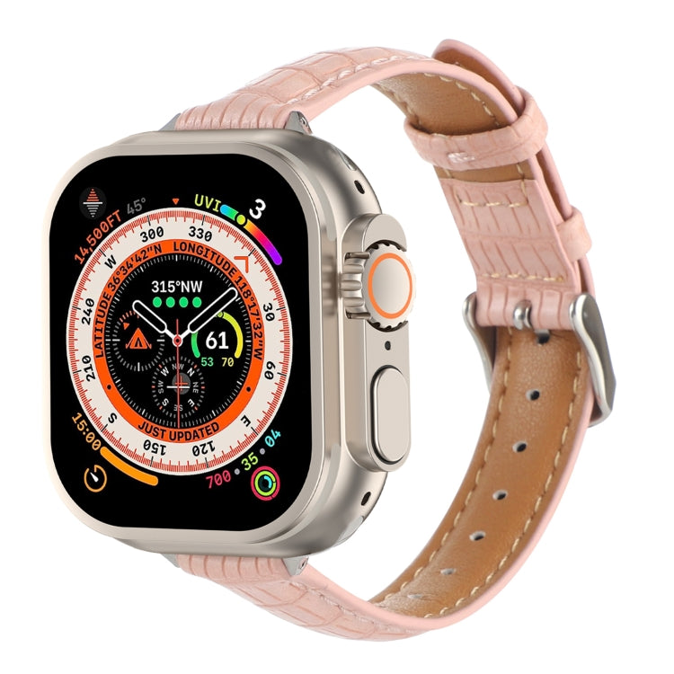 For Apple Watch Ultra 2 49mm Slim Crocodile Leather Watch Band(Pink) - Watch Bands by PMC TechLife | Online Shopping South Africa | PMC TechLife | Buy Now Pay Later Mobicred