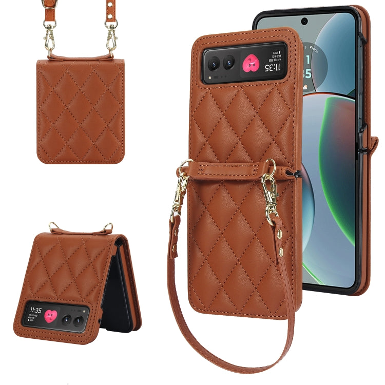 For Motorola Razr 40 Rhombic Texture Phone Case with Long & Short Lanyard(Brown) - Motorola Cases by PMC Jewellery | Online Shopping South Africa | PMC Jewellery