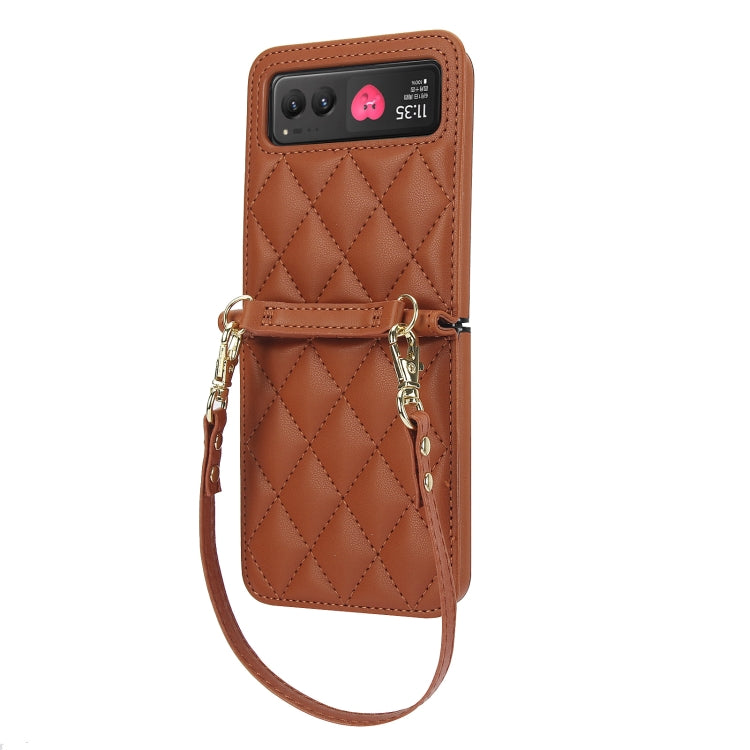 For Motorola Razr 40 Rhombic Texture Phone Case with Long & Short Lanyard(Brown) - Motorola Cases by PMC TechLife | Online Shopping South Africa | PMC TechLife | Buy Now Pay Later Mobicred