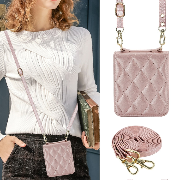 For Motorola Razr 40 Ultra Rhombic Texture Phone Case with Long & Short Lanyard(Rose Gold) - Motorola Cases by PMC TechLife | Online Shopping South Africa | PMC TechLife | Buy Now Pay Later Mobicred