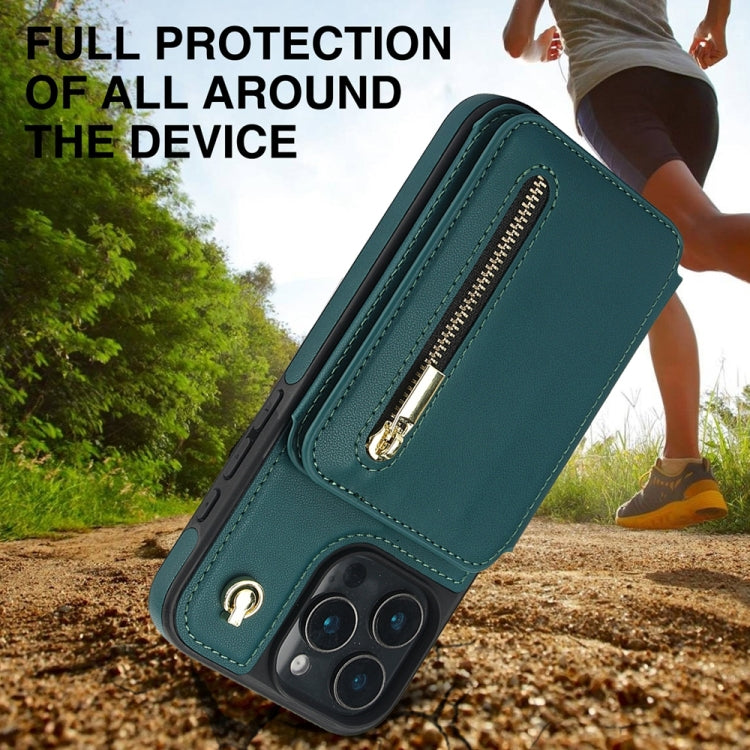 For iPhone 16 Pro Max YM006 Skin Feel Zipper Card Bag Phone Case with Dual Lanyard(Green) - iPhone 16 Pro Max Cases by PMC Jewellery | Online Shopping South Africa | PMC Jewellery | Buy Now Pay Later Mobicred