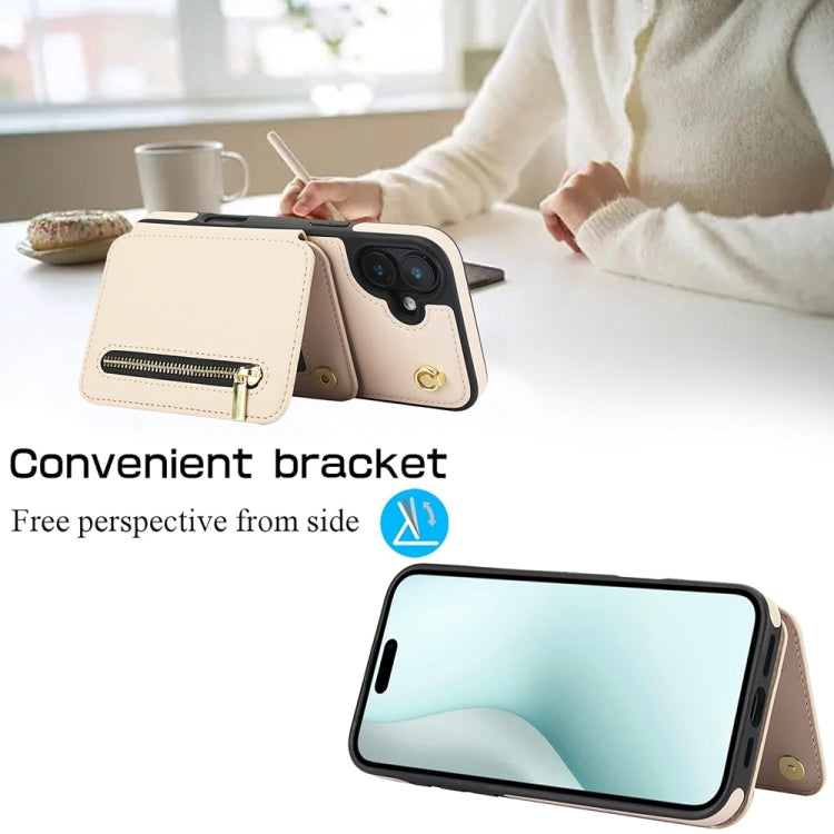For iPhone 16 Plus YM006 Skin Feel Zipper Card Bag Phone Case with Dual Lanyard(Apricot) - free shipping - PMC Jewellery - Order now!