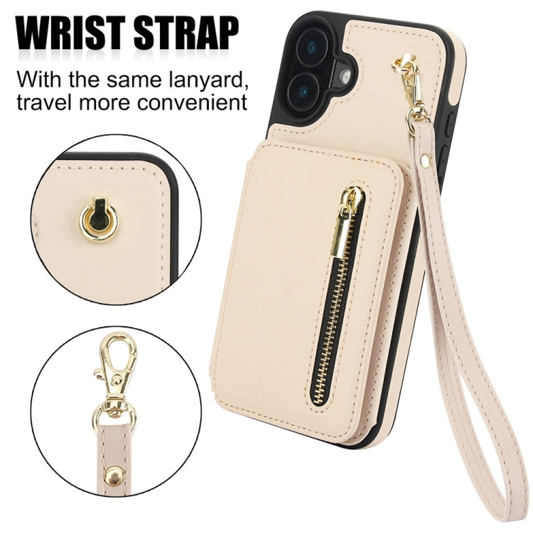 For iPhone 16 Plus YM006 Skin Feel Zipper Card Bag Phone Case with Dual Lanyard(Apricot) - free shipping - PMC Jewellery - Order now!