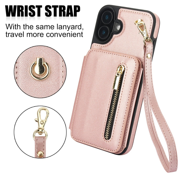 For iPhone 16 Plus YM006 Skin Feel Zipper Card Bag Phone Case with Dual Lanyard(Rose Gold) - iPhone 16 Plus Cases by PMC Jewellery | Online Shopping South Africa | PMC Jewellery | Buy Now Pay Later Mobicred