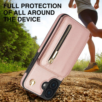 For iPhone 16 Plus YM006 Skin Feel Zipper Card Bag Phone Case with Dual Lanyard(Rose Gold) - iPhone 16 Plus Cases by PMC Jewellery | Online Shopping South Africa | PMC Jewellery | Buy Now Pay Later Mobicred