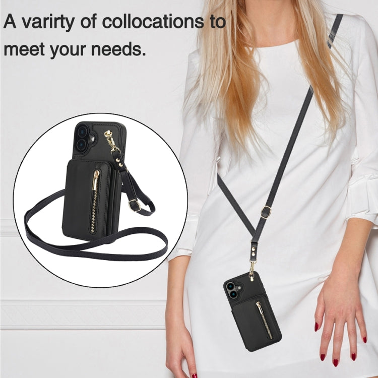 For iPhone 16 YM006 Skin Feel Zipper Card Bag Phone Case with Dual Lanyard(Black) - iPhone 16 Cases by PMC Jewellery | Online Shopping South Africa | PMC Jewellery | Buy Now Pay Later Mobicred