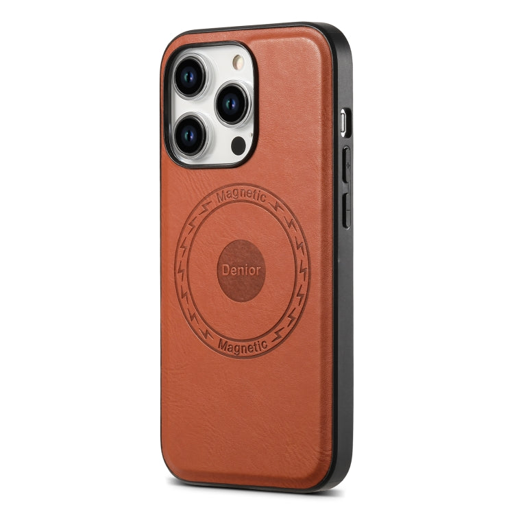 For iPhone 15 Plus Denior Cowhide Texture Leather MagSafe Phone Case(Brown) - iPhone 15 Plus Cases by Denior | Online Shopping South Africa | PMC Jewellery