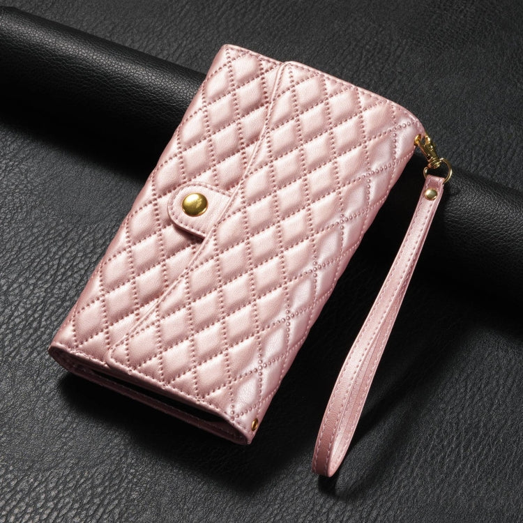 For Samsung Galaxy S24+ 5G Zipper Multi-Card Wallet Rhombic Leather Phone Case(Rose Gold) - Galaxy S24+ 5G Cases by PMC Jewellery | Online Shopping South Africa | PMC Jewellery | Buy Now Pay Later Mobicred