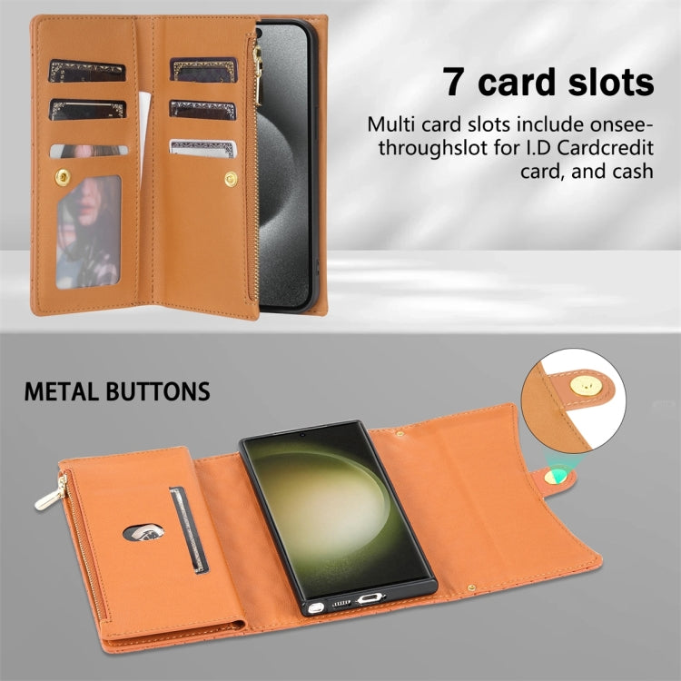 For Samsung Galaxy S23 Ultra 5G Zipper Multi-Card Wallet Rhombic Leather Phone Case(Brown) - Galaxy S23 Ultra 5G Cases by PMC TechLife | Online Shopping South Africa | PMC TechLife