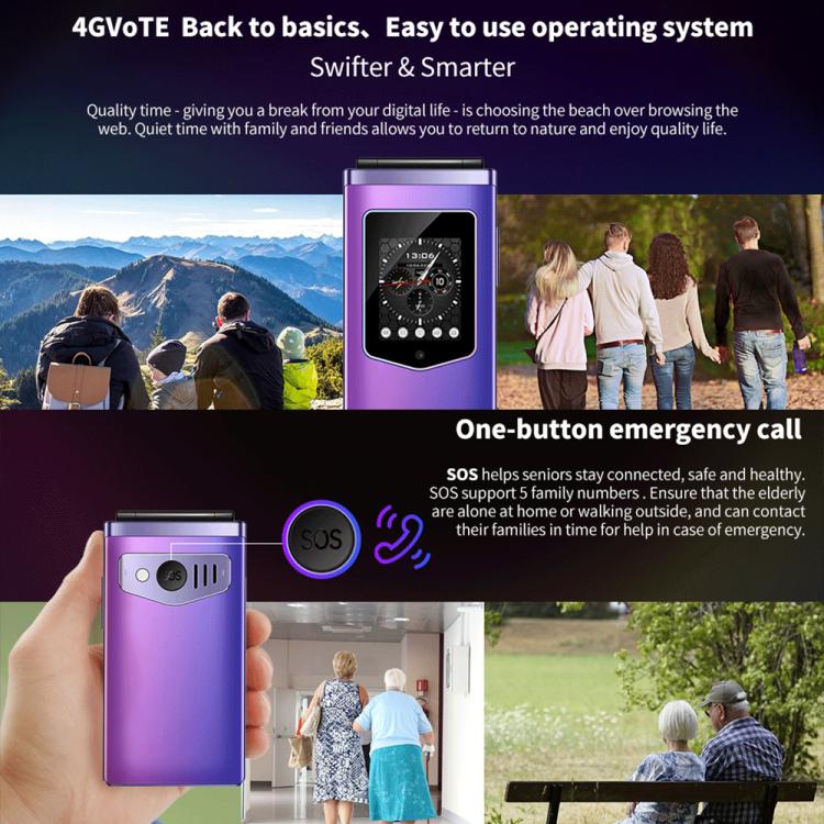 HAMTOD T8 4G Flip Phone, EU Version, 2.8 inch + 1.77 inch, VoLTE, BT, SOS, OTG(Purple) - free shipping - PMC TechLife - Order now!
