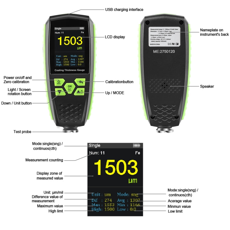 RZ860 Metal Coating Thickness Gauge(Green) - Coating Thickness Gauge by PMC Jewellery | Online Shopping South Africa | PMC Jewellery | Buy Now Pay Later Mobicred