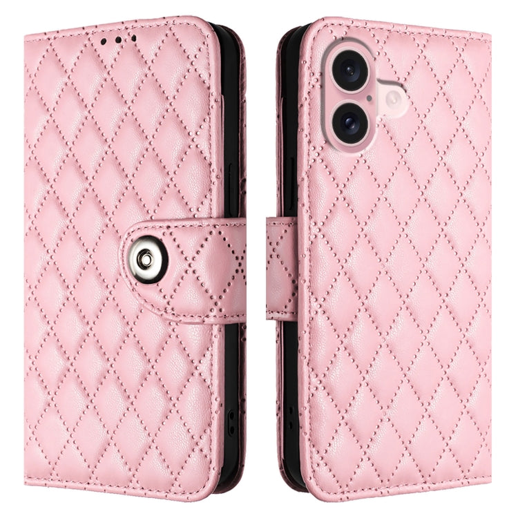 For iPhone 16 Rhombic Texture Flip Leather Phone Case with Lanyard(Pink) - iPhone 16 Cases by PMC Jewellery | Online Shopping South Africa | PMC Jewellery | Buy Now Pay Later Mobicred