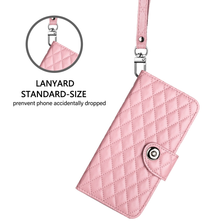 For iPhone 16 Rhombic Texture Flip Leather Phone Case with Lanyard(Pink) - iPhone 16 Cases by PMC Jewellery | Online Shopping South Africa | PMC Jewellery | Buy Now Pay Later Mobicred