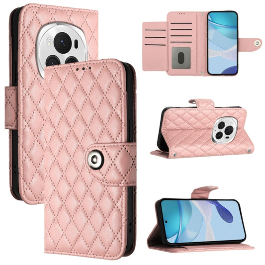 For Honor Magic6 Pro Rhombic Texture Flip Leather Phone Case with Lanyard(Coral Pink) - Honor Cases by PMC Jewellery | Online Shopping South Africa | PMC Jewellery | Buy Now Pay Later Mobicred