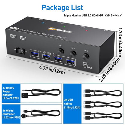 KC-KVM303DH 8K 60Hz USB3.0 DP+DP+HDMI Triple Monitors KVM Switch(EU Plug) - Switch by PMC Jewellery | Online Shopping South Africa | PMC Jewellery