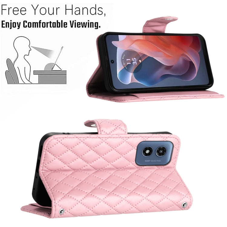 For Motorola Moto G Play 4G 2024 Rhombic Texture Flip Leather Phone Case with Lanyard(Pink) - free shipping - PMC Jewellery - Order now!