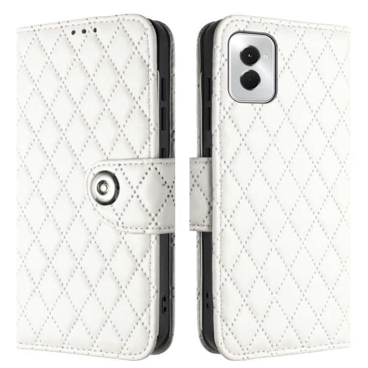 For Motorola Moto G Power 5G 2024 Rhombic Texture Flip Leather Phone Case with Lanyard(White) - Motorola Cases by PMC Jewellery | Online Shopping South Africa | PMC Jewellery | Buy Now Pay Later Mobicred