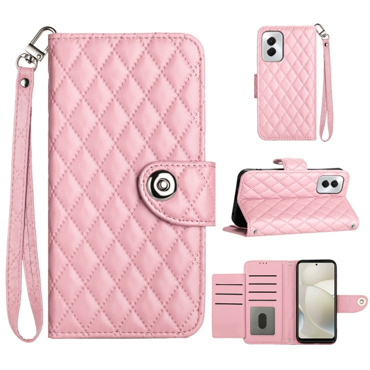 For Motorola Moto G Power 5G 2024 Rhombic Texture Flip Leather Phone Case with Lanyard(Pink) - Motorola Cases by PMC Jewellery | Online Shopping South Africa | PMC Jewellery | Buy Now Pay Later Mobicred