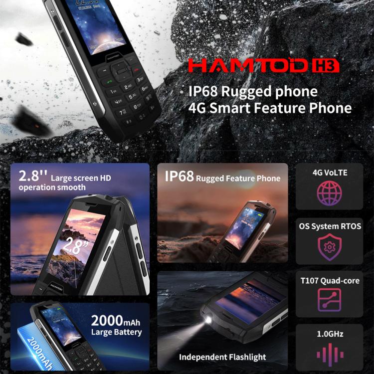 HAMTOD H3 Rugged Phone, EU Version, 2.8 inch T107 ARM CortexTM A7 Quad-core 1.0GHz, Network: 4G, VoLTE, BT, SOS(Silver) - free shipping - PMC TechLife - Order now!