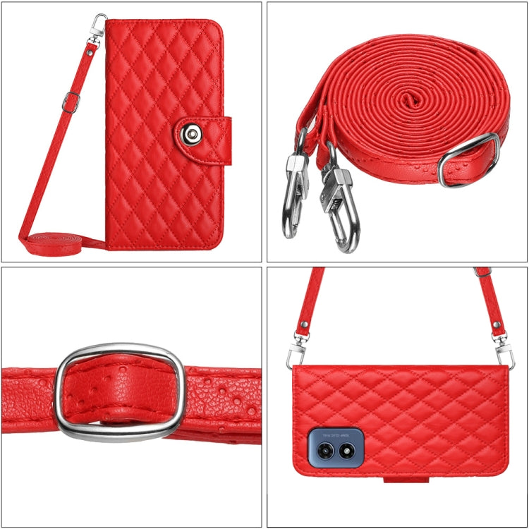 For Motorola Moto G Play 4G 2024 Rhombic Texture Flip Leather Phone Case with Long Lanyard(Red) - Motorola Cases by PMC Jewellery | Online Shopping South Africa | PMC Jewellery | Buy Now Pay Later Mobicred