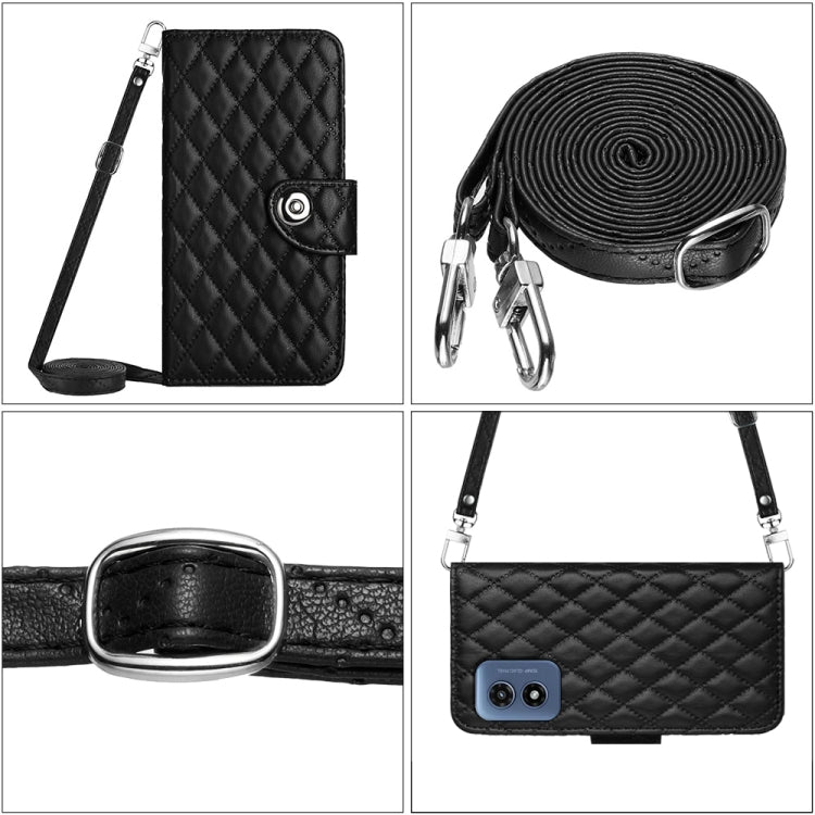 For Motorola Moto G Play 4G 2024 Rhombic Texture Flip Leather Phone Case with Long Lanyard(Black) - Motorola Cases by PMC Jewellery | Online Shopping South Africa | PMC Jewellery | Buy Now Pay Later Mobicred