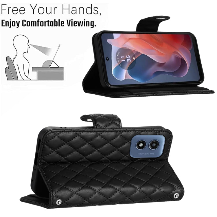 For Motorola Moto G Play 4G 2024 Rhombic Texture Flip Leather Phone Case with Long Lanyard(Black) - Motorola Cases by PMC Jewellery | Online Shopping South Africa | PMC Jewellery | Buy Now Pay Later Mobicred