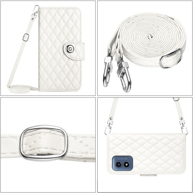 For Motorola Moto G Play 4G 2024 Rhombic Texture Flip Leather Phone Case with Long Lanyard(White) - Motorola Cases by PMC Jewellery | Online Shopping South Africa | PMC Jewellery | Buy Now Pay Later Mobicred