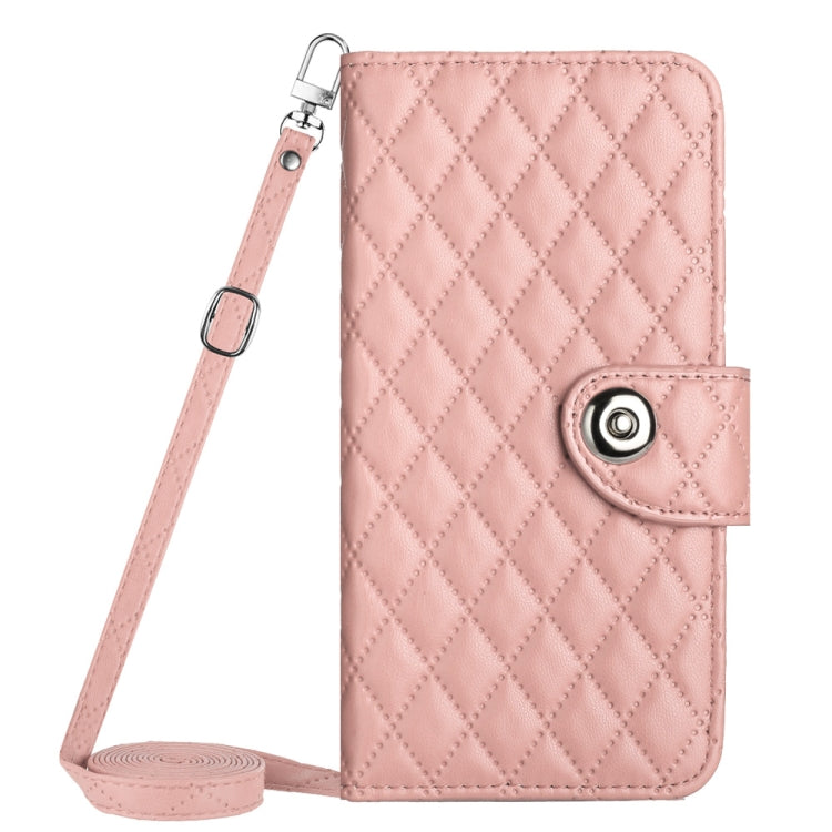 For Motorola Moto G Play 4G 2024 Rhombic Texture Flip Leather Phone Case with Long Lanyard(Coral Pink) - Motorola Cases by PMC Jewellery | Online Shopping South Africa | PMC Jewellery | Buy Now Pay Later Mobicred