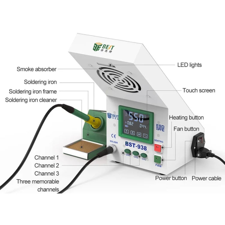 BEST BST-938 LED Electric Iron Smoking Instrument Smoke Purifier Soldering Station with Exhaust Fan, EU Plug - free shipping - PMC TechLife - Order now!