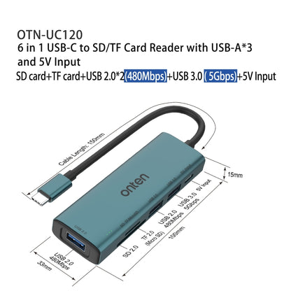 Onten UC120 6 in 1 USB-C to SD / TF Card Reader with 3-Ports USB HUB & 5V Input - USB HUB by Onten | Online Shopping South Africa | PMC Jewellery | Buy Now Pay Later Mobicred