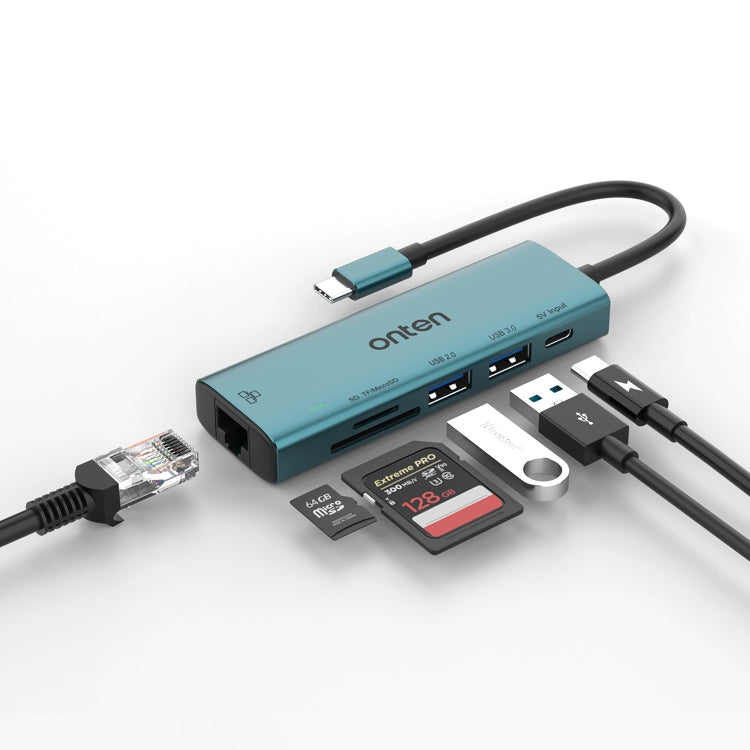 Onten UC122 6 in 1 USB-C / Type-C to SD + TF Card + USB 3.0 HUB with 5V Input & 100Mbps Network Card - free shipping - PMC Jewellery - Order now!