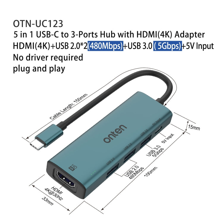 Onten UC123 5 in 1 USB-C / Type-C to HDMI + USB3.0 HUB Docking Station with 5V Input - USB HUB by Onten | Online Shopping South Africa | PMC Jewellery | Buy Now Pay Later Mobicred