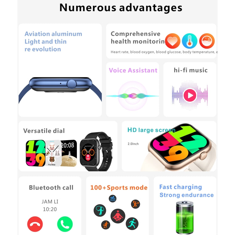 QX7 Pro 2.0 inch BT5.2 Smart Sport Watch, Support Bluetooth Call / Sleep / Blood Sugar / Blood Oxygen / Temperature / Heart Rate / Blood Pressure Health Monitor(Beige) - Smart Watches by PMC TechLife | Online Shopping South Africa | PMC TechLife
